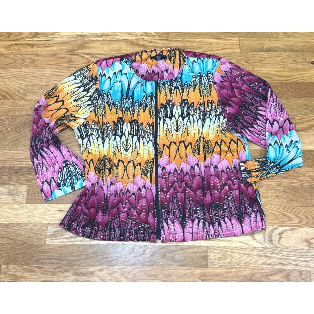 Investments Petites PXL Colorful Butterfly Print Zip Front Textured Jacket